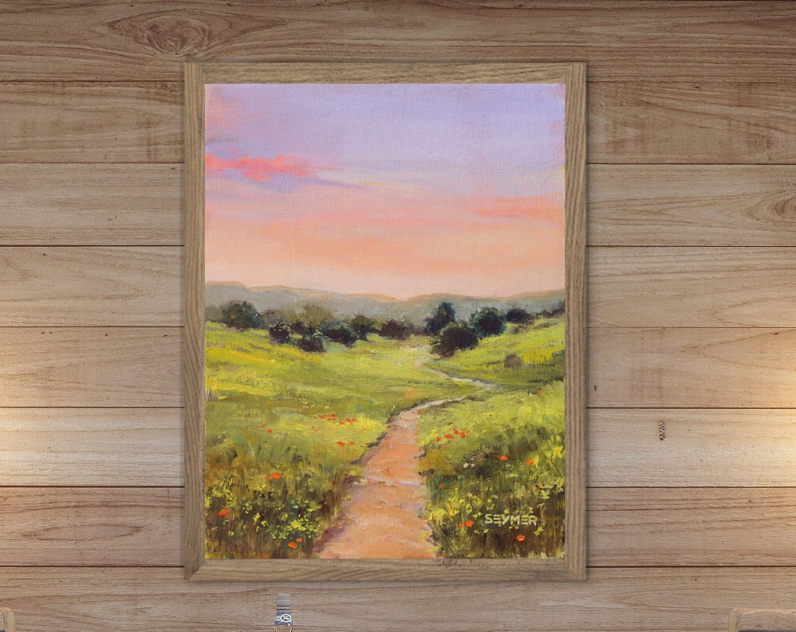 Flower-Dotted Meadow Path under a Soft Pink Sunset Sky Poster - Image 3