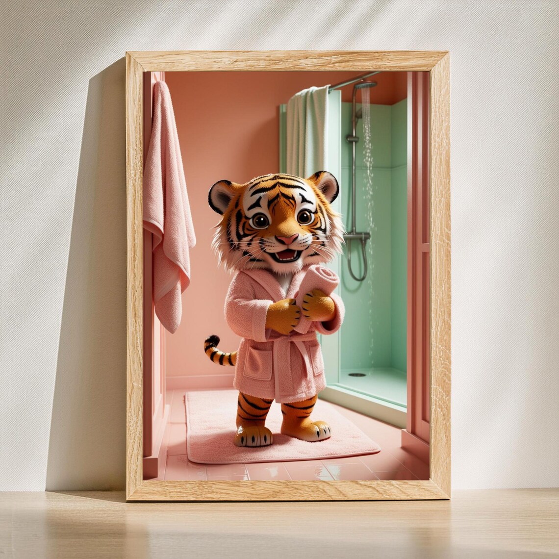 Adorable Tiger Cub In Pink Bathrobe Standing In Bathroom Poster