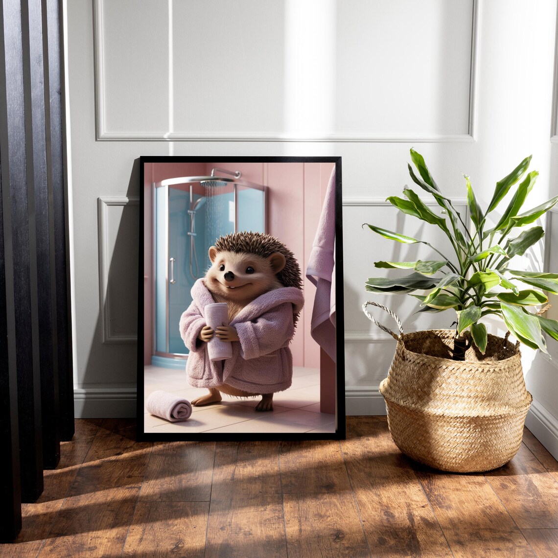 Cheerful Hedgehog In Lavender Bathrobe Holding Towel By Shower Poster - Image 4