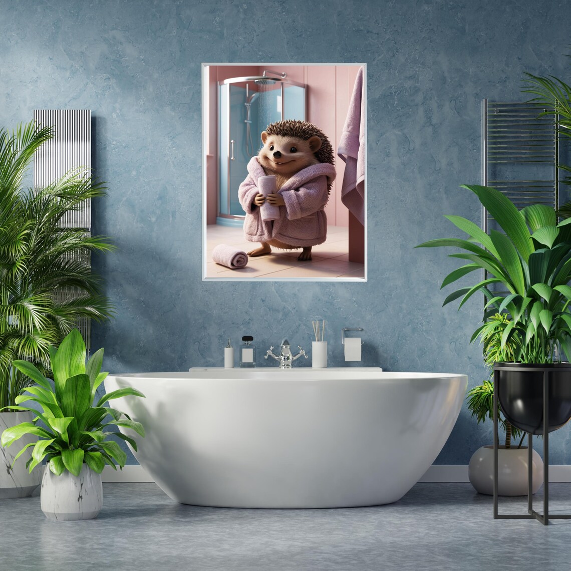Cheerful Hedgehog In Lavender Bathrobe Holding Towel By Shower Poster - Image 5