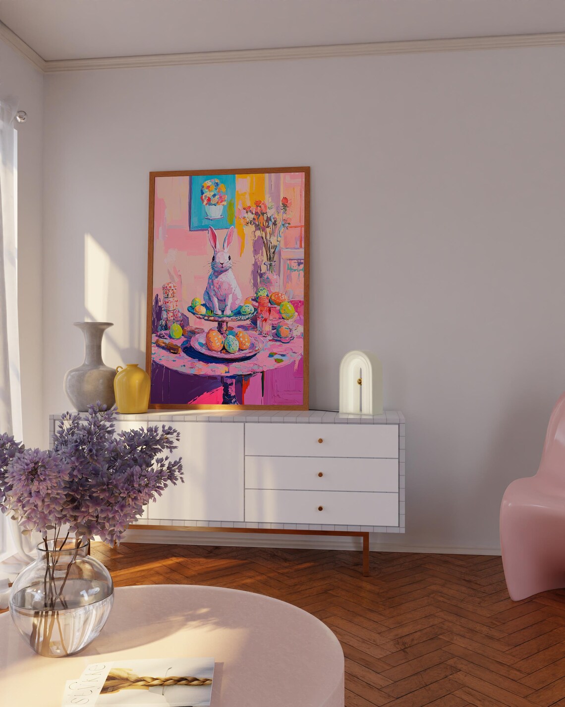 Easter Bunny on Cake Stand With Brightly Painted Easter Eggs Poster - Image 2