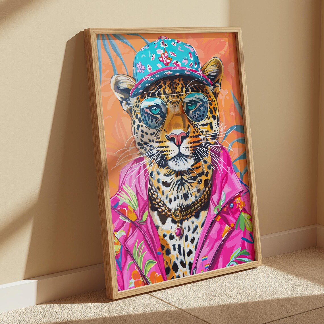 Leopard in Cap and Pink Jacket Round Glasses Trendy Funky Wall Art