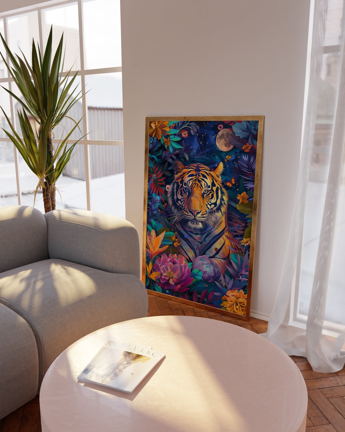 Tiger in Moonlit Tropical Flowers Night Maximalist Tiger Wall Art - Image 4