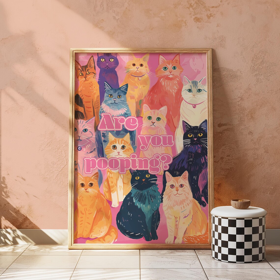 Funny Cats Asking Are You Pooping Pink Maximalist Bathroom Wall Art - Image 3