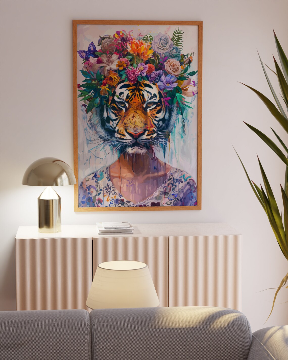 Tiger Head with Floral Crown Maximalist Watercolor Eclectic Wall Art - Image 3