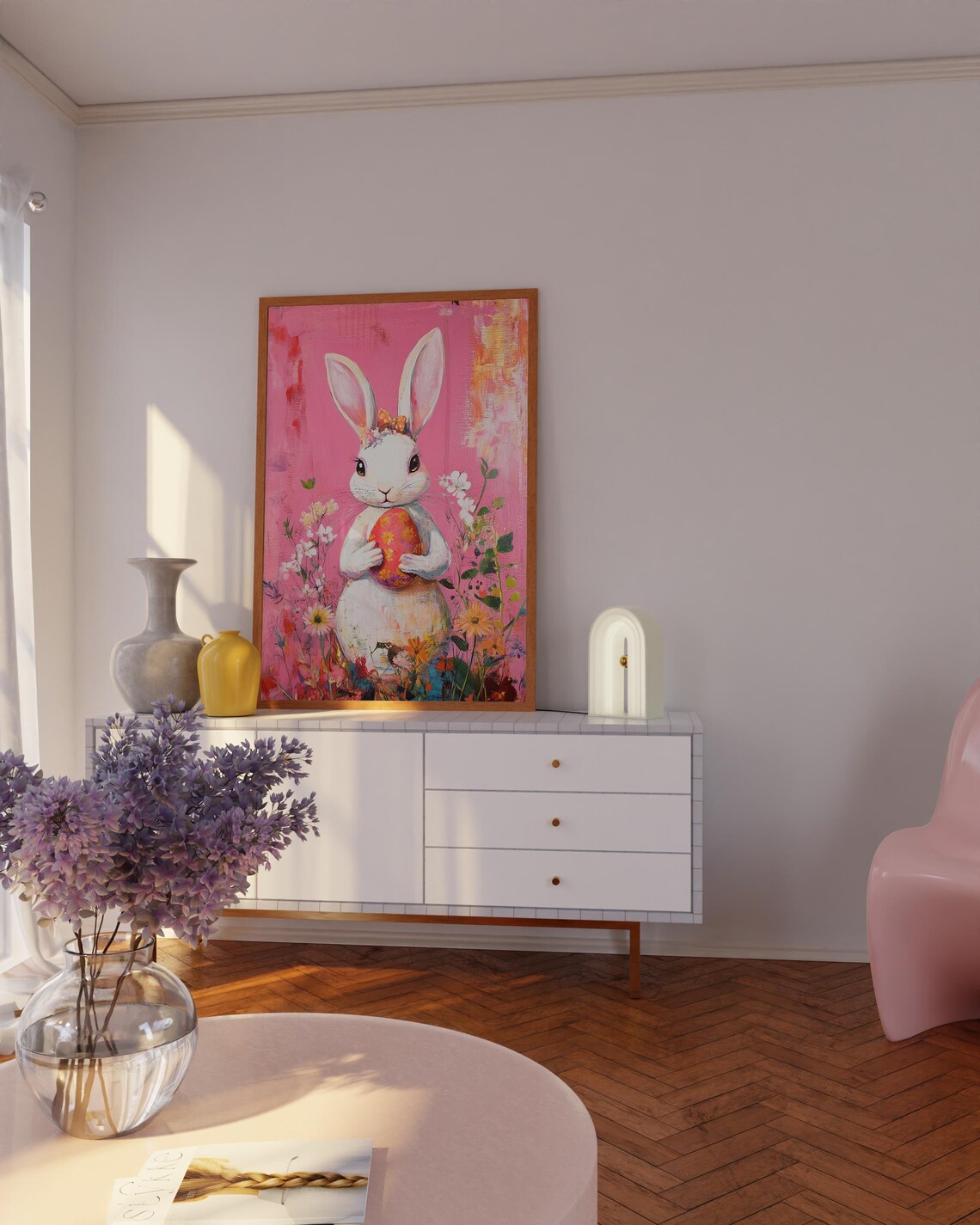 White Easter Bunny Holding Red Egg in Blossoming Field Poster - Image 2