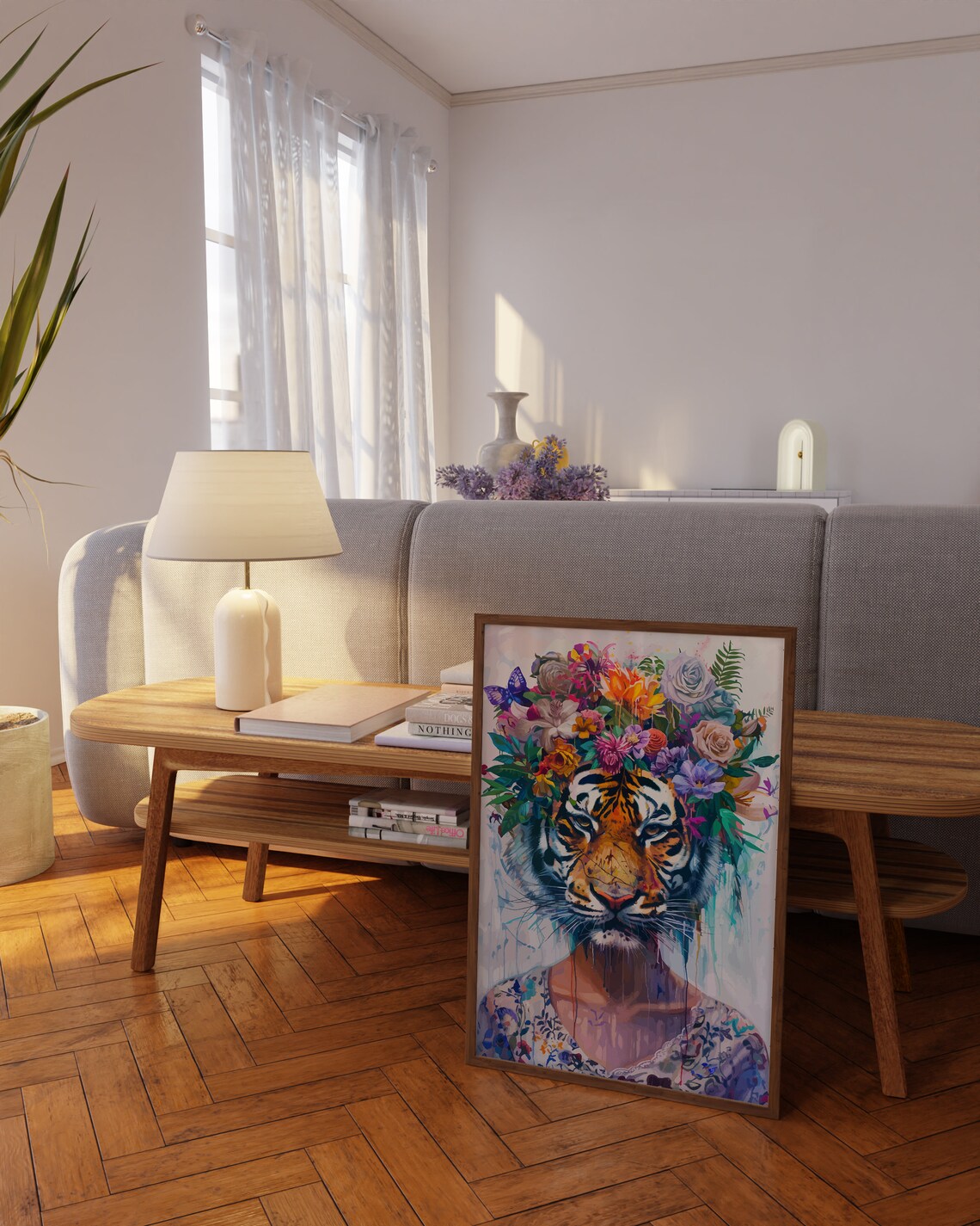 Tiger Head with Floral Crown Maximalist Watercolor Eclectic Wall Art - Image 2