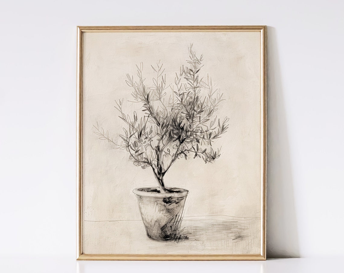 Vintage Olive Tree Sketch Art Print Still Life Cottagecore Farmhouse Decor Neutral Wall Art Instant