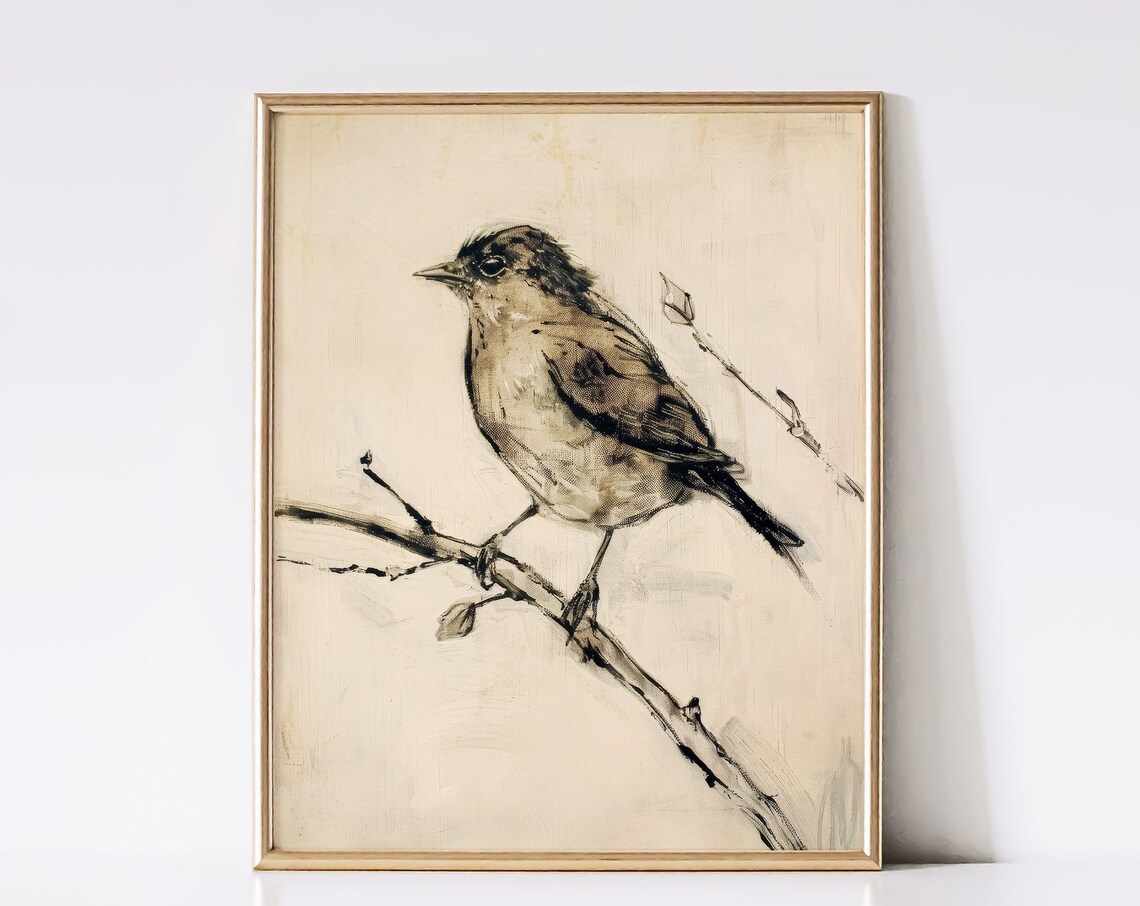 Songbird On Branch Loose Black Ink Wash Sketch Neutral Bird Art Print