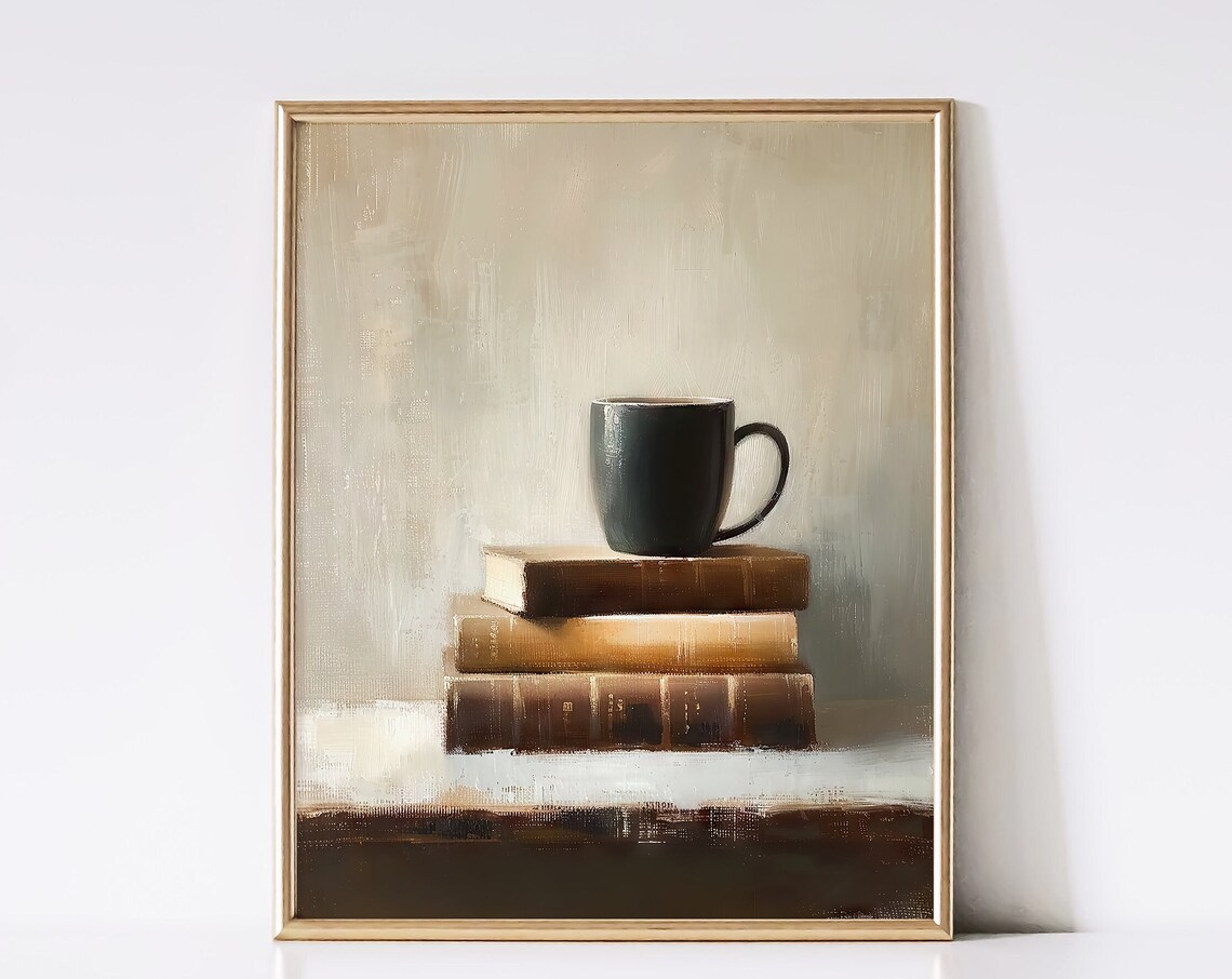 Coffee Mug On Antique Books Light Beige Still Life Oil Painting Print - Image 3