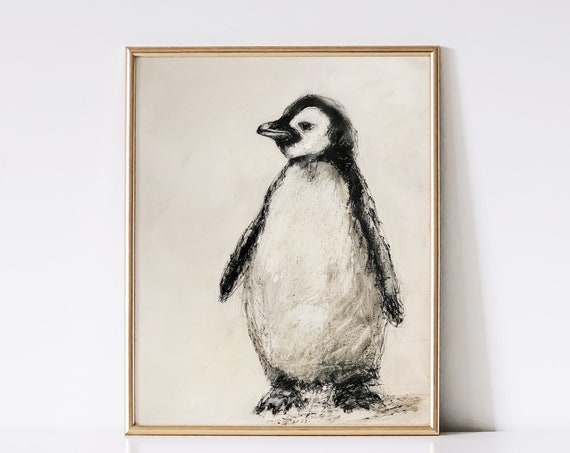 Vintage Penguin Art Print Animal Sketch Art Cottagecore Cute Nursery Decor Art Print Neutral Instant