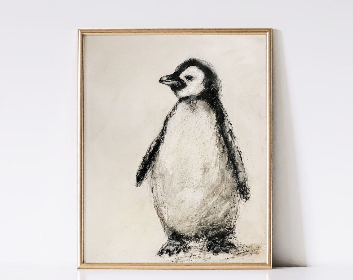 Vintage Penguin Art Print Animal Sketch Art Cottagecore Cute Nursery Decor Art Print Neutral Instant
