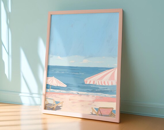 Pink Striped Umbrellas and Loungers Beach Ocean Painting Poster