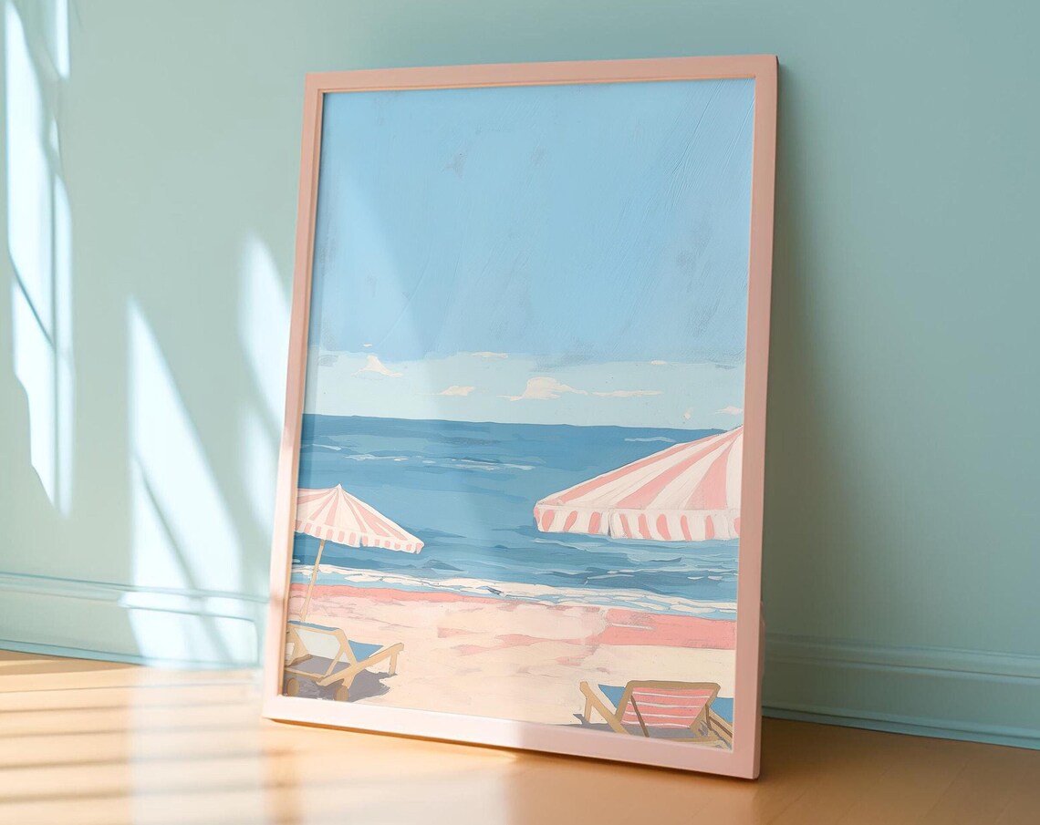 Pink Striped Umbrellas and Loungers Beach Ocean Painting Poster