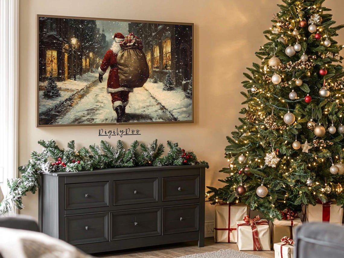 Vintage Christmas Frame Tv Art Winter Santa Tv Decor Santa Claus On Christmas Eve Painting Holiday Screensaver - Image 3