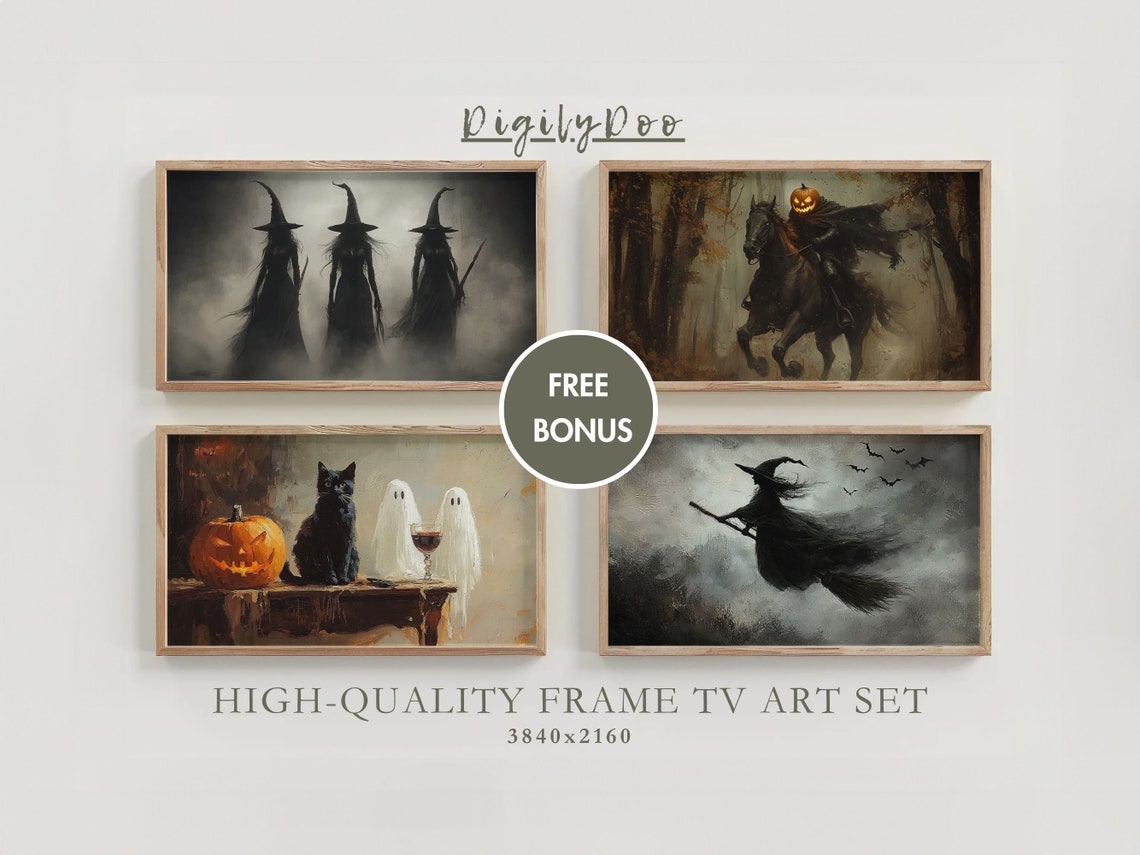 Halloween 4 Piece Set Witches Ghosts Black Cat Frame TV Print