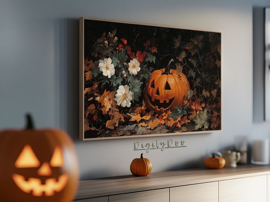 Glowing Jack O Lantern White Blossoms Autumn Night Frame TV Print - Image 3