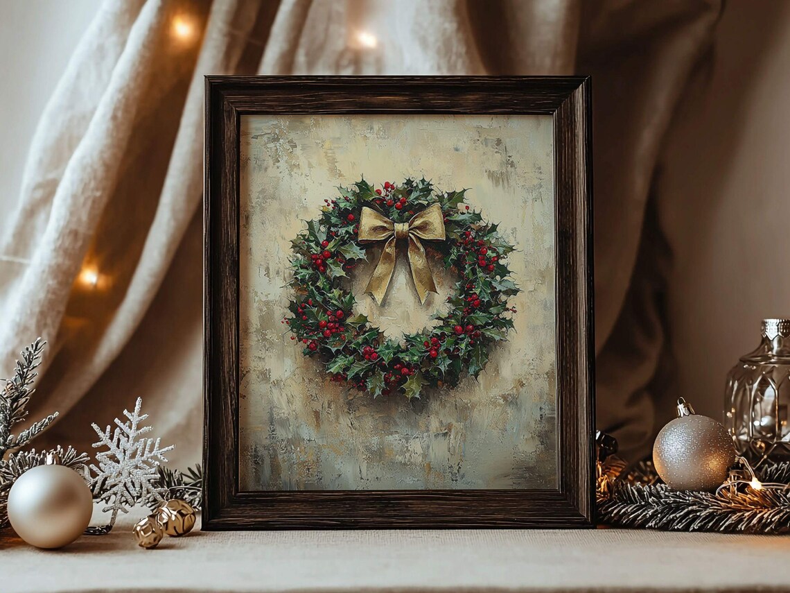Holly Berry Wreath Gold Bow Vintage Christmas Farmhouse Art Poster - Image 2