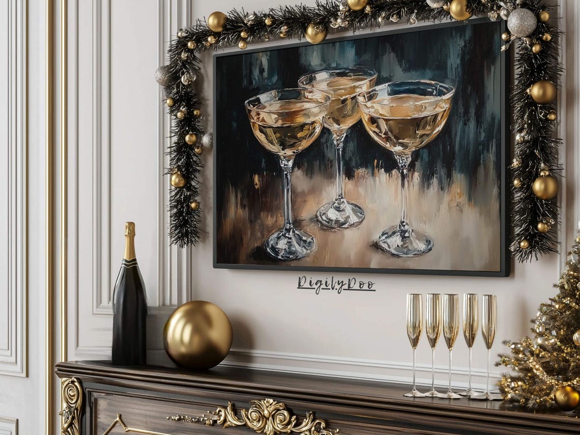 Champagne Coupe Glasses Still Life Golden Toast Elegant Art Poster - Image 3
