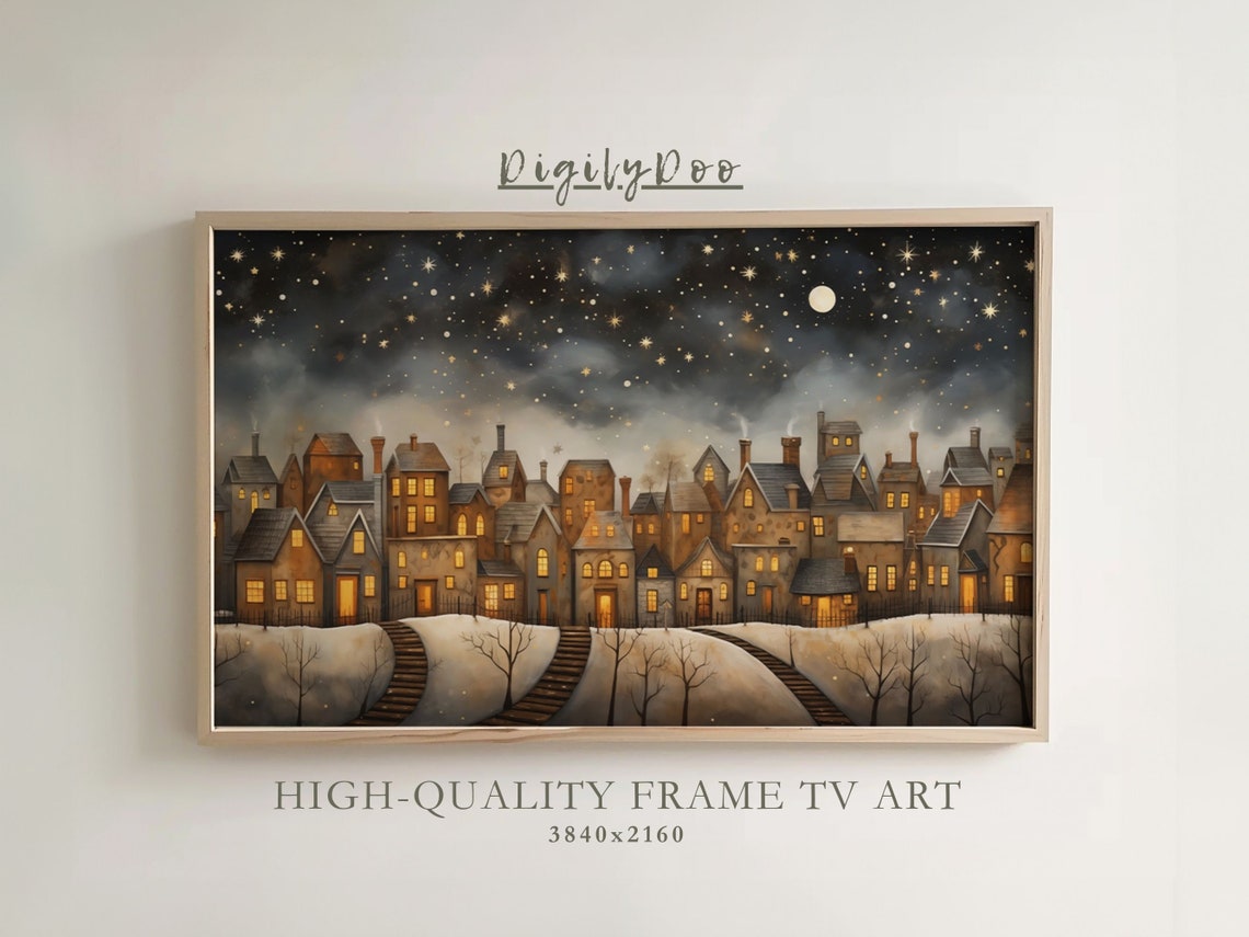 Whimsical Winter Village Starry Moonlit Night Scene Wall Art