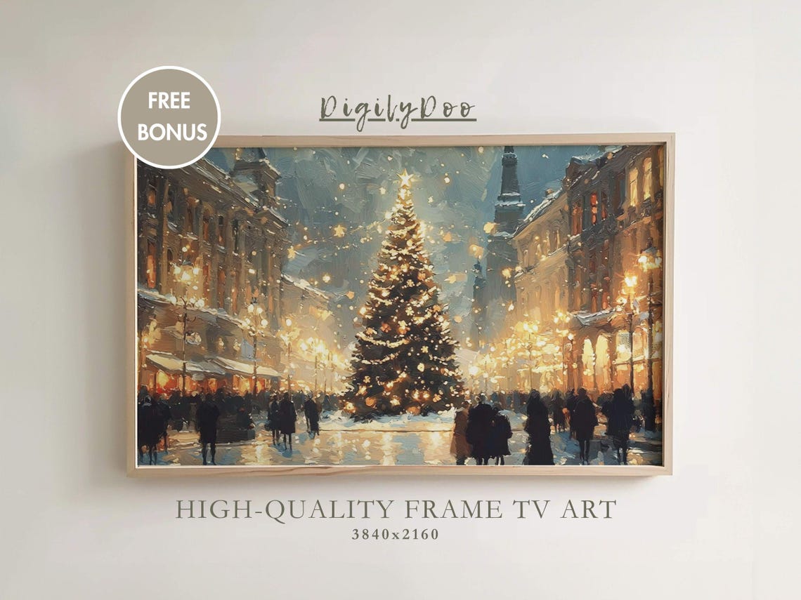 Christmas Frame Tv Art Moody Winter Christmas Tree City Tv Decor Vintage Village Town Night Painting Holiday Screensaver