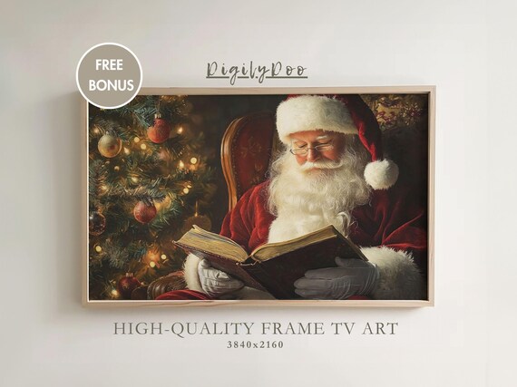 Christmas Frame Tv Art Santa Reading Book Painting Santa Claus Holiday Tv Decor Winter Tv Art Moody Wallpaper Downlaod