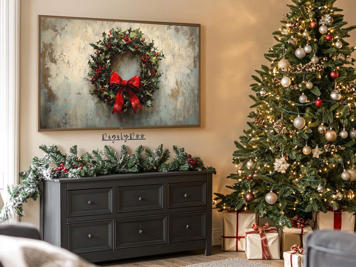 Holly Christmas Wreath Red Bow Rustic Farmhouse Holiday Decor Poster - Image 3