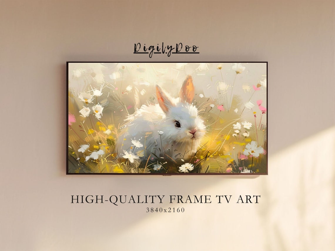 Cute White Bunny Daisy Field Sunny Spring Meadow Painting Poster