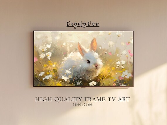 Cute White Bunny Daisy Field Sunny Spring Meadow Painting Poster