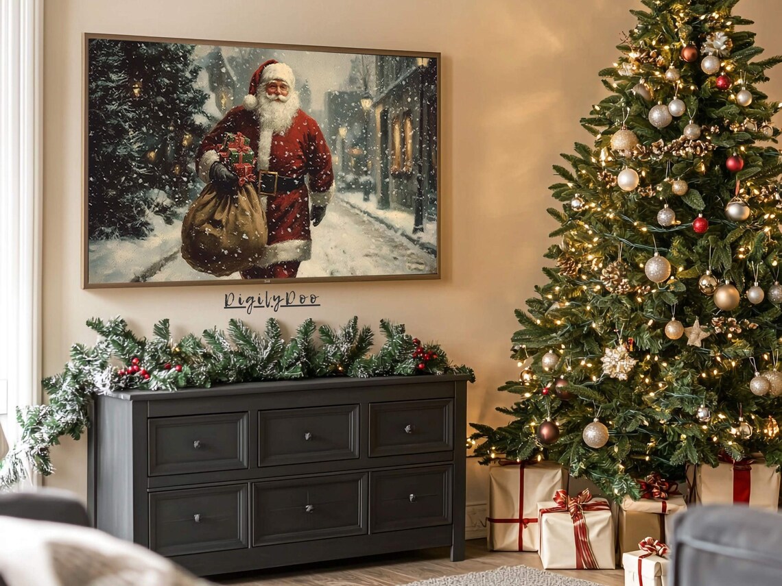 Vintage Santa Claus on Snowy Streets, Holiday Art Print - Image 3