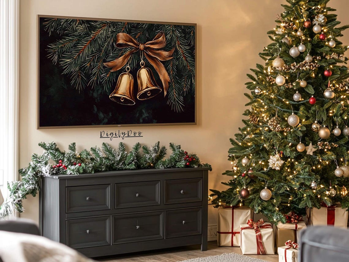 Golden Christmas Bells Copper Bow Pine Branches Holiday Art Poster - Image 3