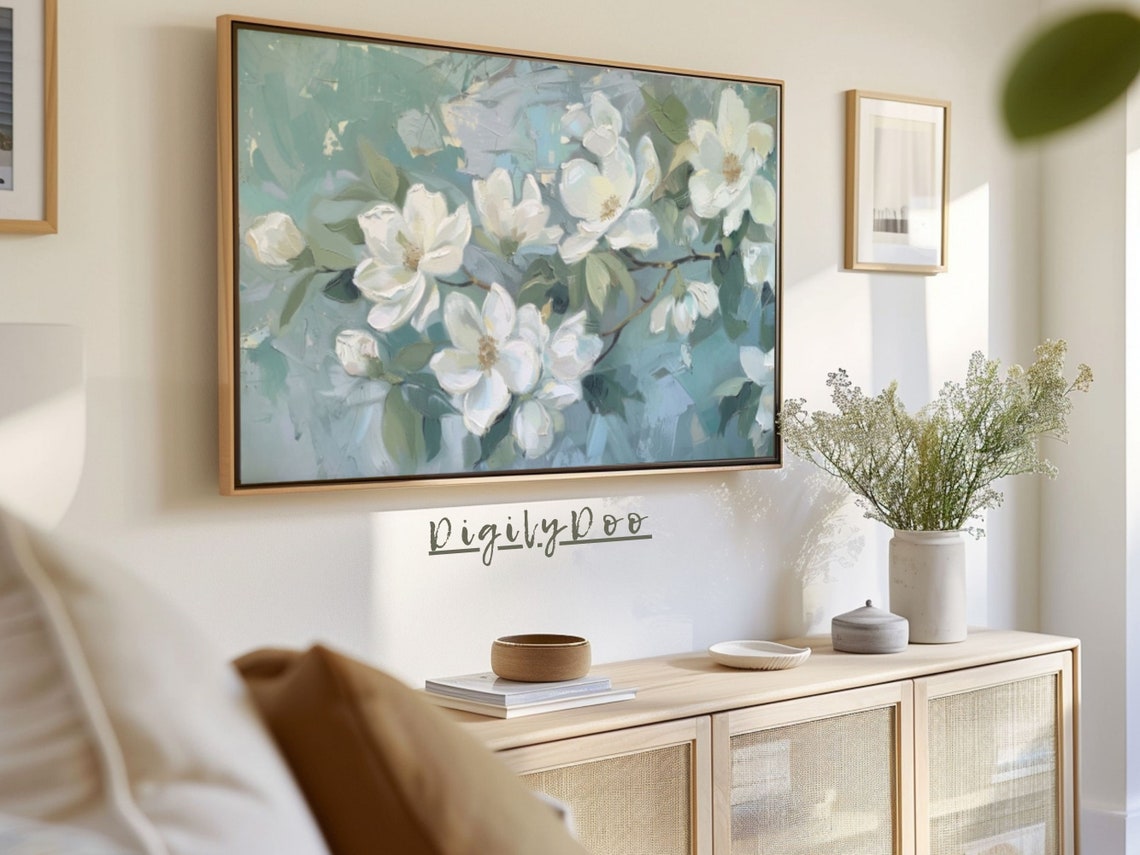 White Magnolia Blossoms Sage Blue Impressionist Frame TV Print - Image 3