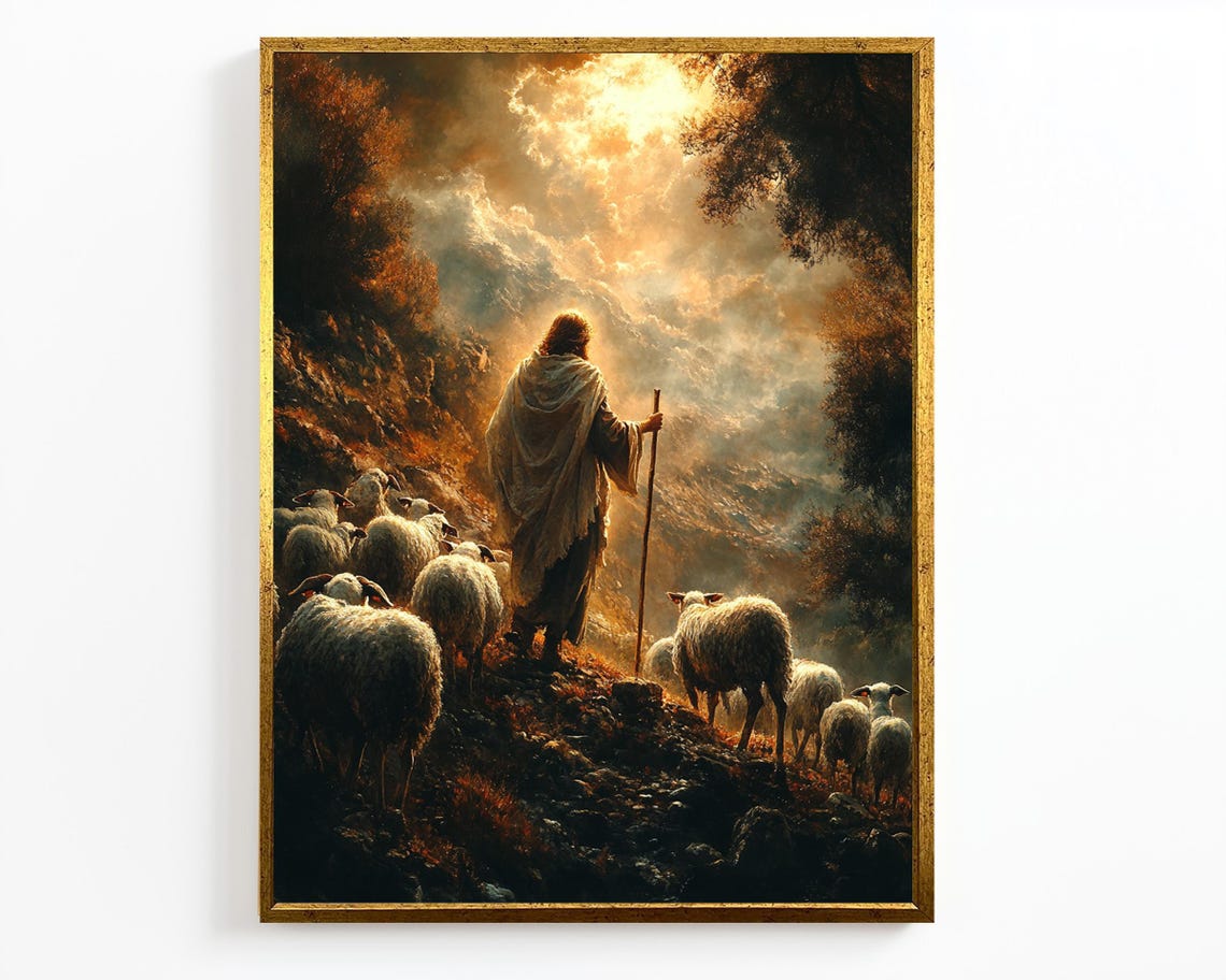 Good Shepherd Jesus Leading Flock Down Mountain At Dusk Poster - Image 4