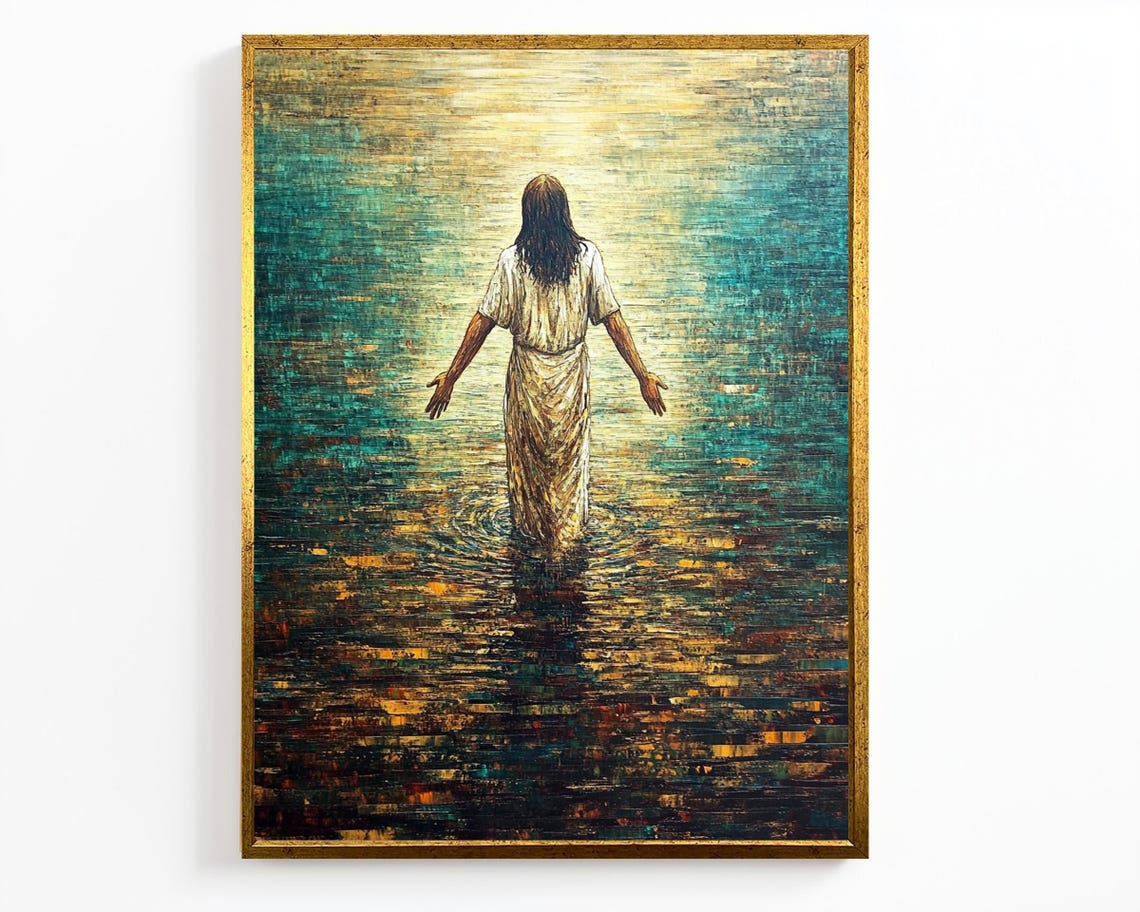 Jesus Walking On Water Teal And Gold Impressionist Lake Scene Poster - Image 4