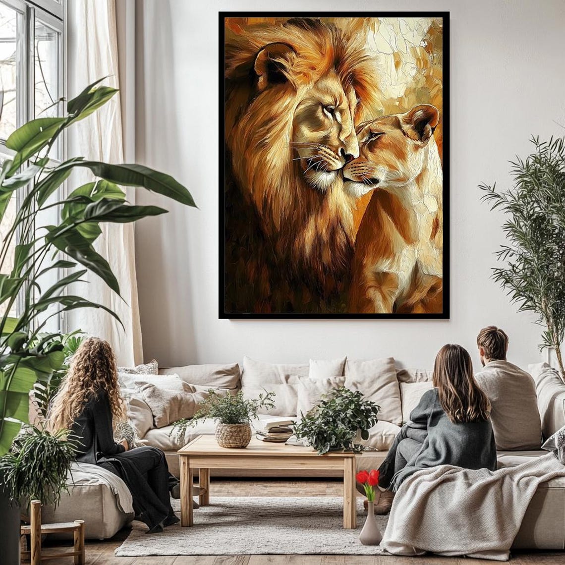 Lion and Lioness Tender Embrace Golden Romantic Wildlife Art Poster - Image 3