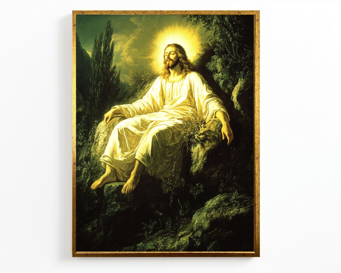 Jesus Seated In Peaceful Garden Glowing Halo Sacred Contemplation Poster - Image 4