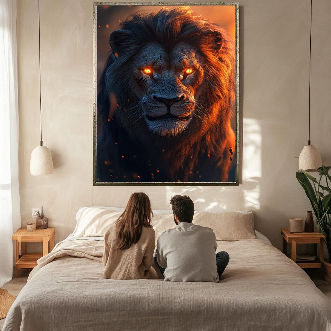 Fiery Lion Portrait Glowing Orange Eyes Dark Dramatic Mane Wall Art - Image 2
