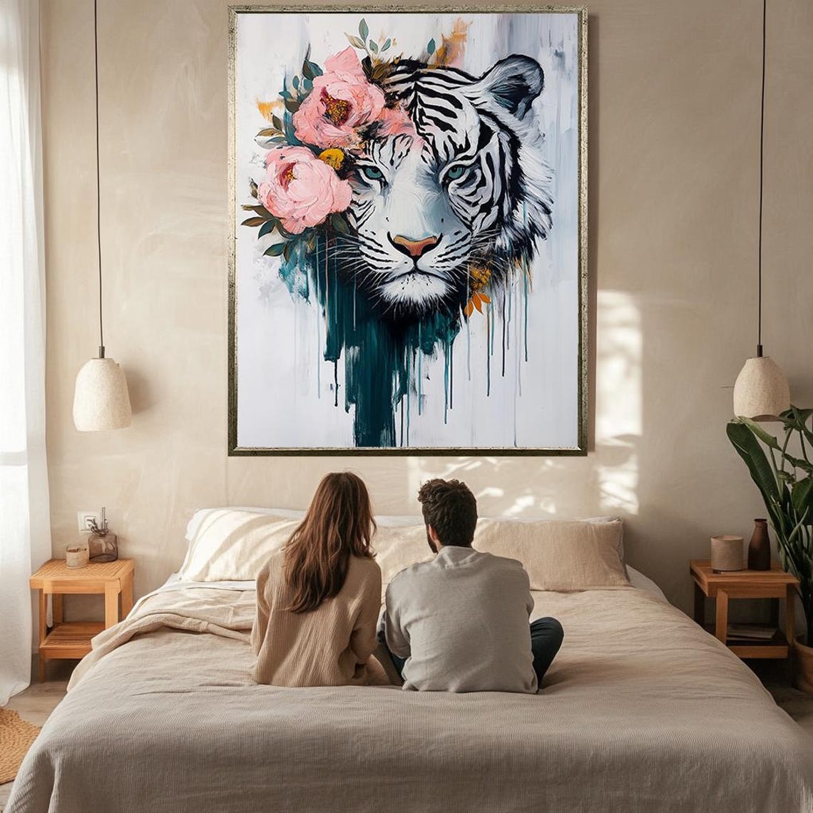 White Tiger Floral Crown Pink Flowers Dripping Paint Wildlife Poster - Image 2
