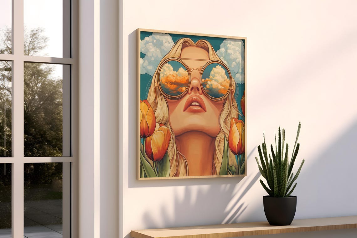 Retro Woman Cloud Sunglasses Orange Tulips Bold Pop Art Print - Image 3