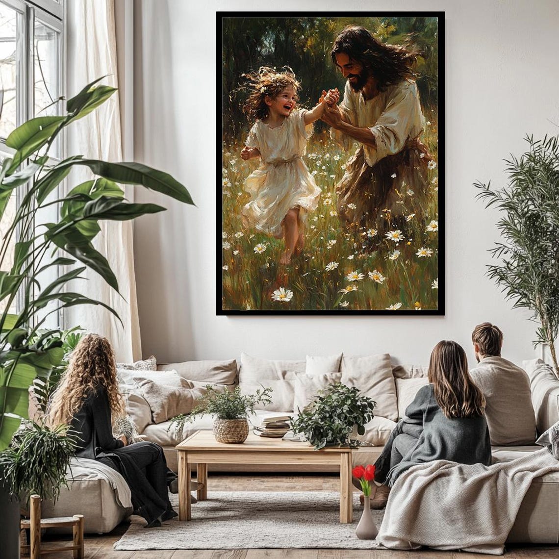 Jesus Dancing Joyfully With Little Girl In Daisy Field Poster - Image 3