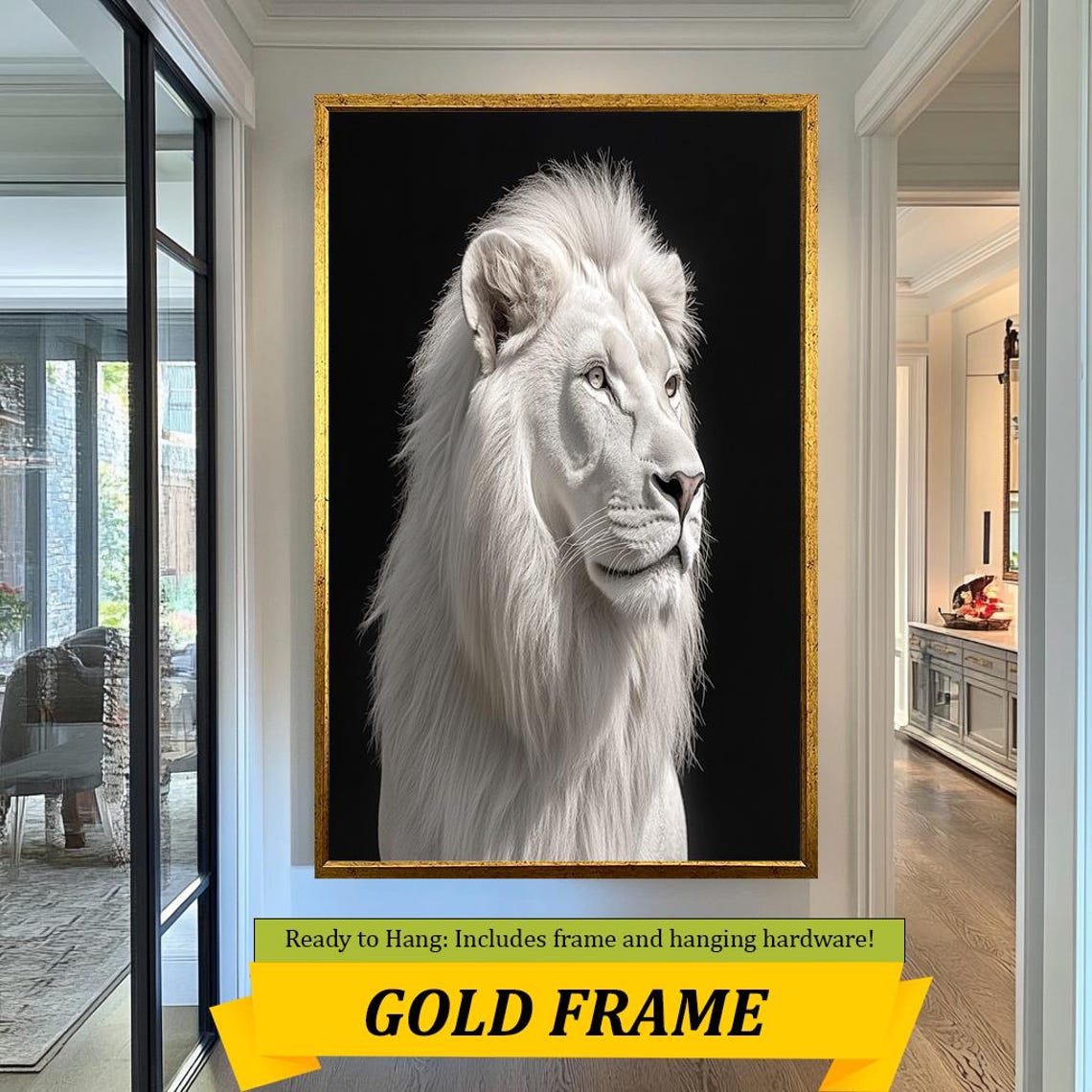 White Lion Side Profile Portrait On Black Background Dramatic Wall Art - Image 5