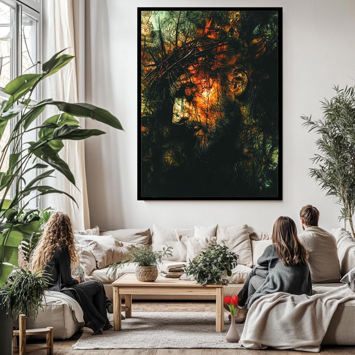 Jesus Crown Of Thorns Fiery Abstract Portrait Red Orange Art Poster - Image 3
