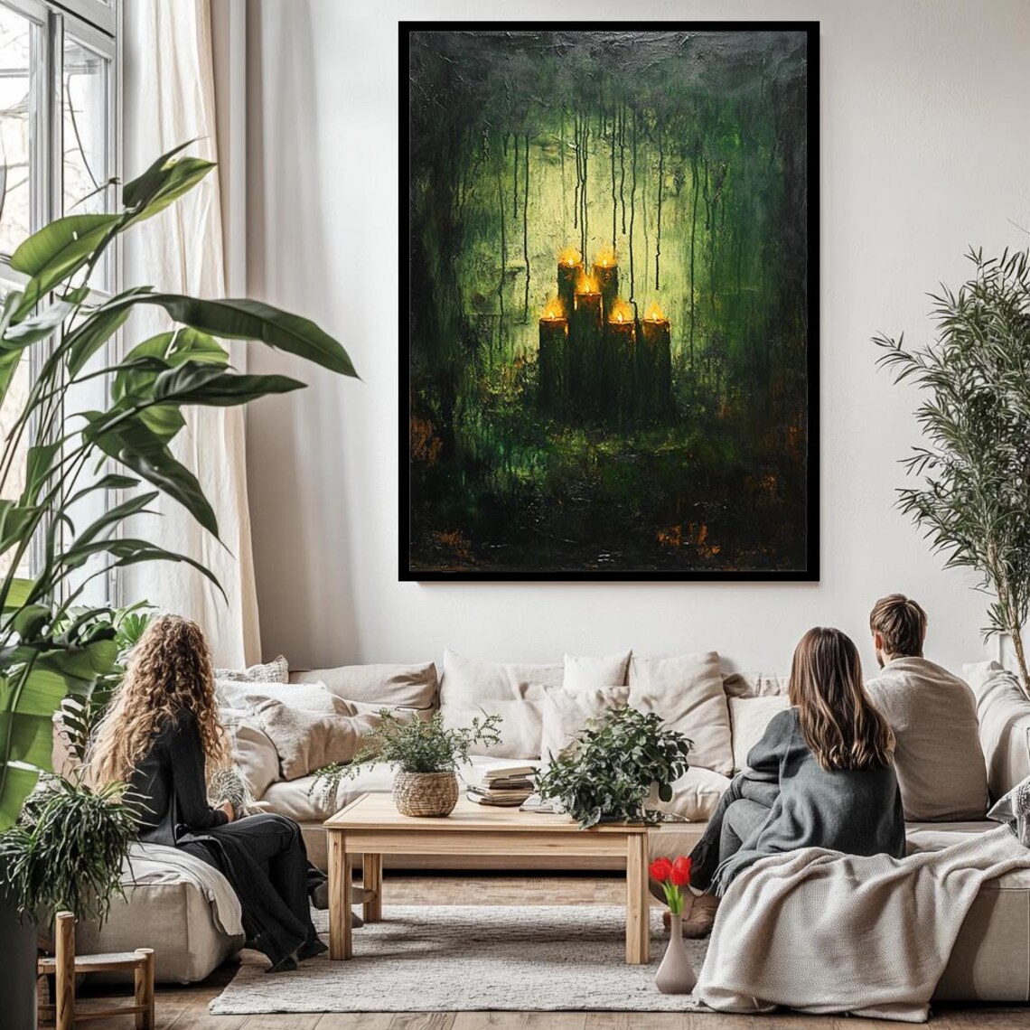 Mystical Candlelight Surreal Wall Art Dark Forest Surreal Painting Moody Green Wall Decor Abstract Artwork - Image 3