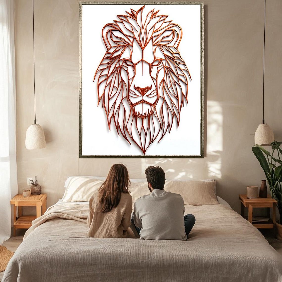 Copper Line Art Lion Head Geometric Modern Minimalist Animal Wall Art - Image 2