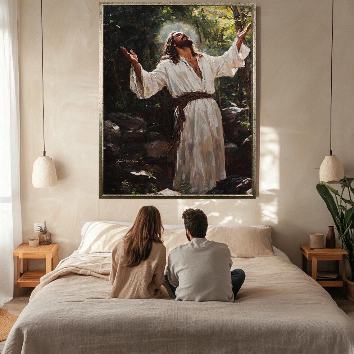 Jesus Praising With Raised Arms Forest Light Spiritual Worship Poster - Image 2