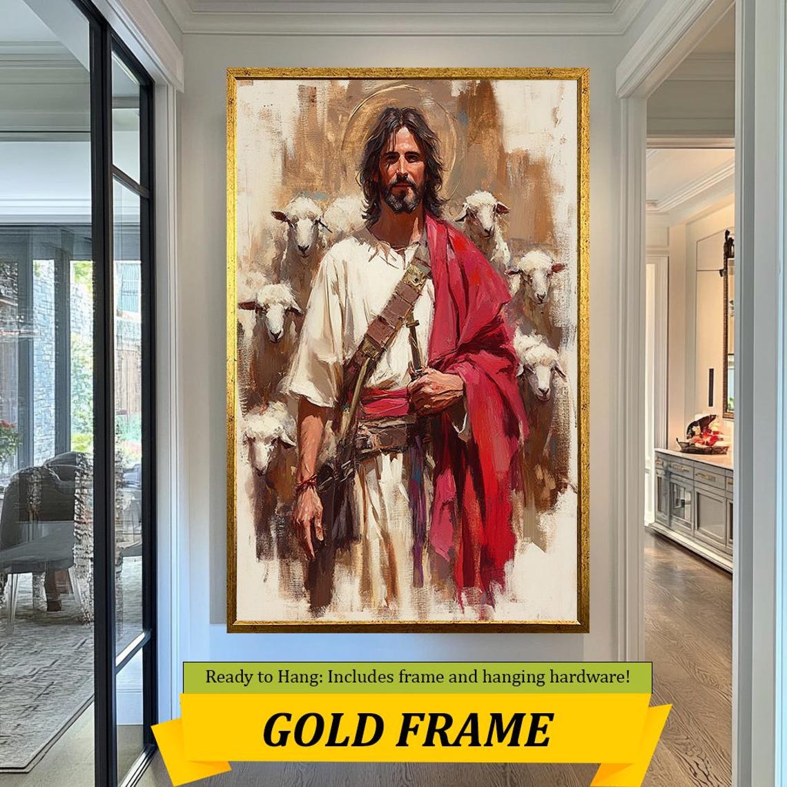 Jesus Christ Good Shepherd Flock Sheep Red Robe Faith Art Wall Poster - Image 5