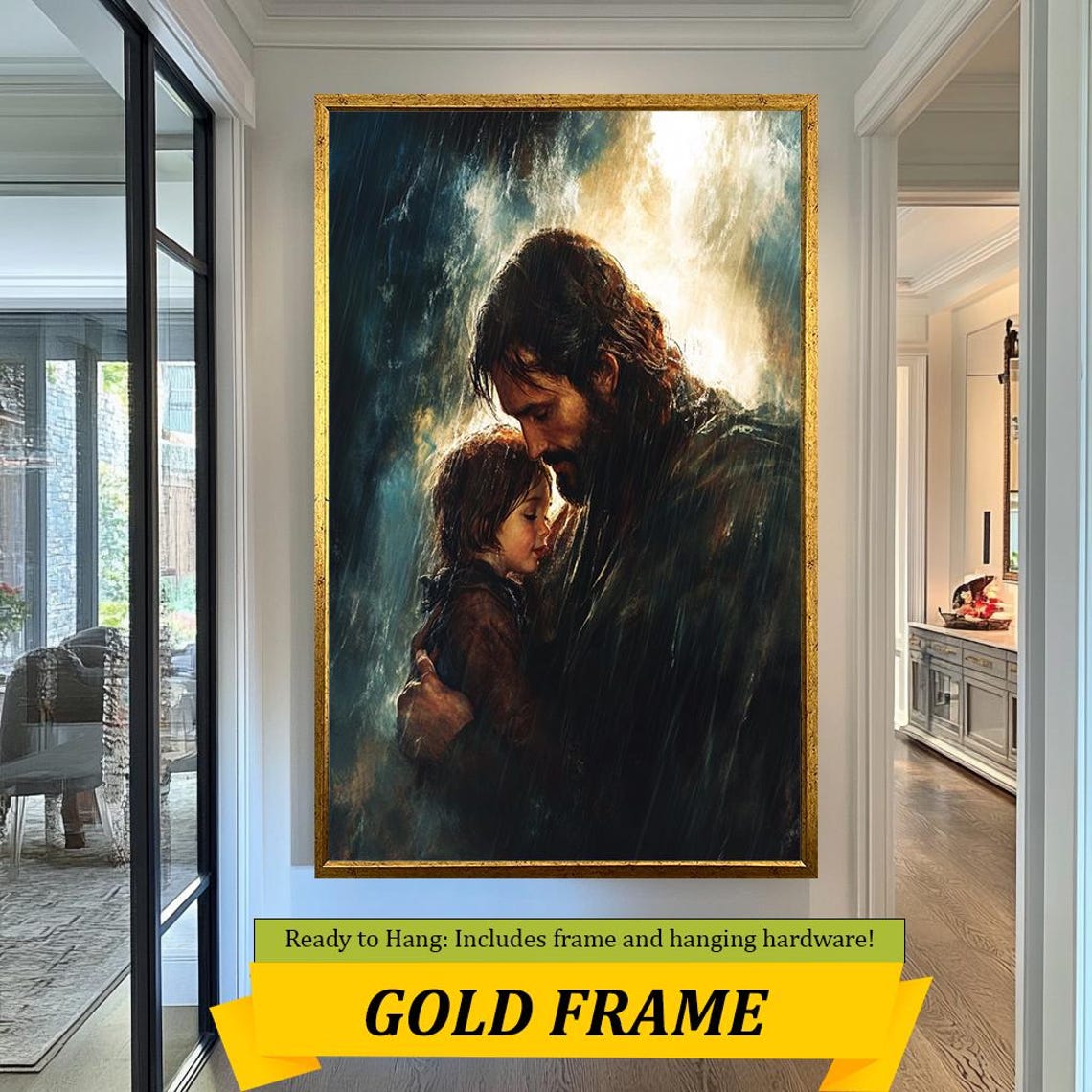 Jesus Embracing Child In Rain Divine Protection Tender Art Poster - Image 5