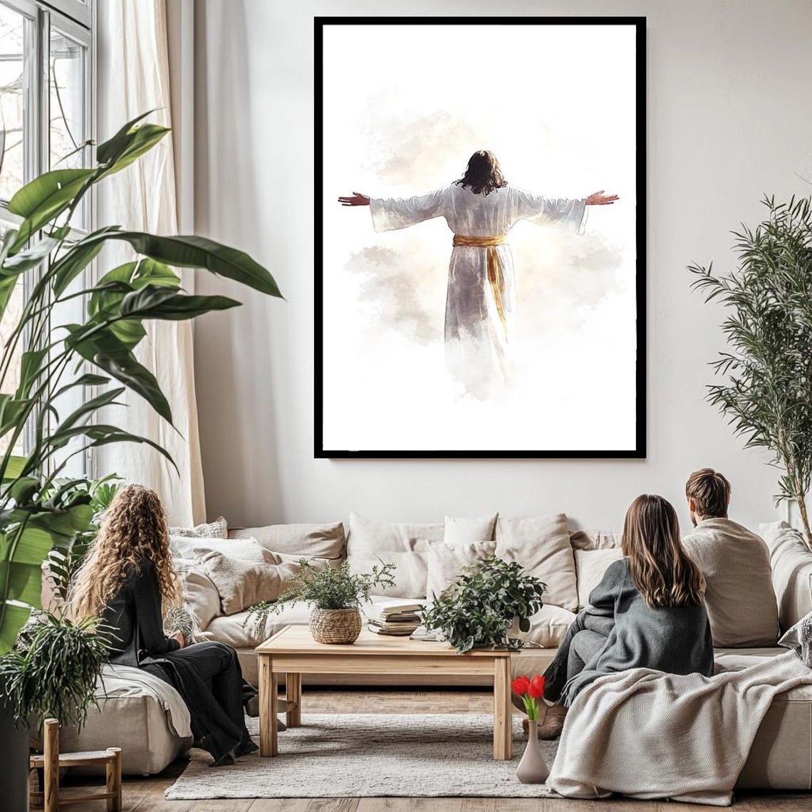 Jesus With Open Arms Watercolor Back View White Robe Gold Sash Poster - Image 3