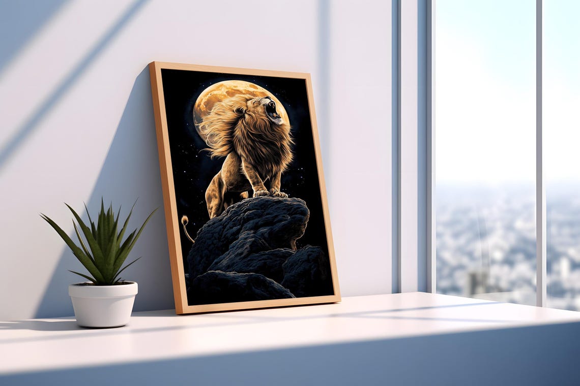 Roaring Lion On Rocky Summit Before Giant Golden Full Moon Poster - Image 3