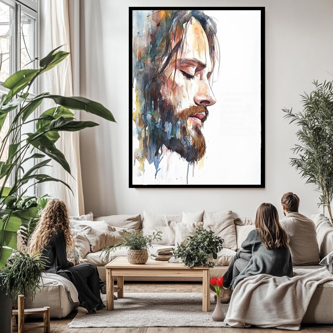 Jesus Christ Peaceful Watercolor Portrait Profile Eyes Closed Art Poster - Image 2
